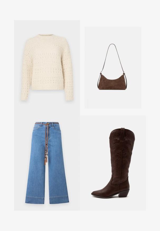 Cremefarvet sweater med struktureret strik, der har vandrette bånd og åbne masker. Rund halsudskæring og lange ærmer. Blødt, chunky materiale.; Lyseblå denimbukser med vid ben og en flettet brun snor i taljen, der har dekorative perler og et traditionelt fem-lomme-design.; Høj brun læder cowboystøvle med detaljerede sømme, en spids tå og en blok hæl på en ensartet lys baggrund.; Brun ruskind skuldertaske med en buet lynlås øverst og en tynd justerbar rem, vist mod en ensfarvet lys baggrund.
