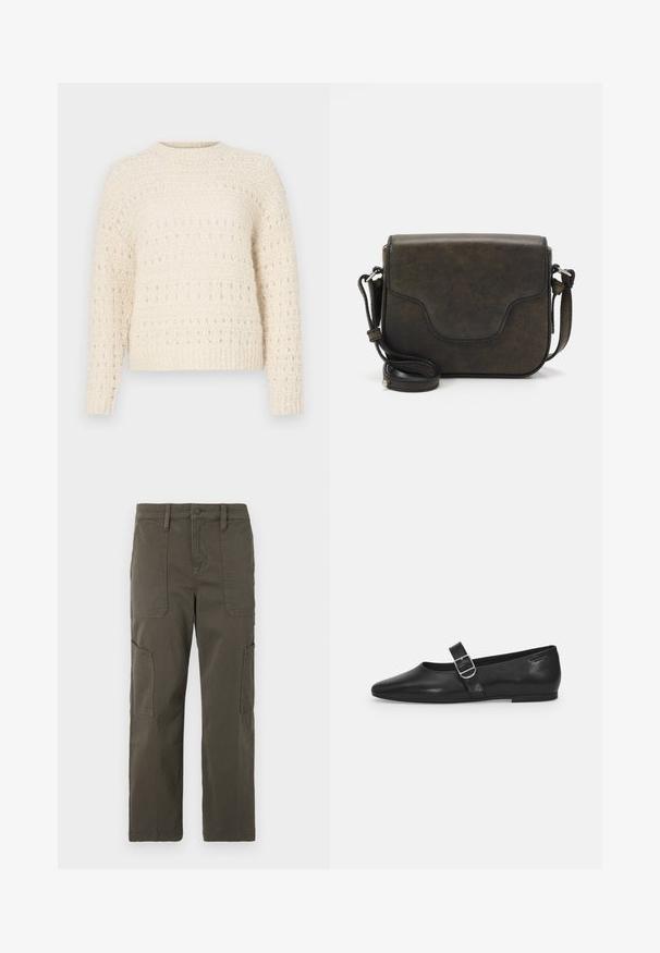 Cremefarvet sweater med struktureret strik, der har vandrette bånd og åbne masker. Rund halsudskæring og lange ærmer. Blødt, chunky materiale.; Good American CROPPED PANTS - Cargobukser - fatigue; Sorte læder flade sko med rund tå, et enkelt justerbart spænde og en glat, blank overflade. Minimalistisk design med en lav hæl.; Becksöndergaard CRUSHED IRIS SMALL BAG - Skuldertasker - black olive