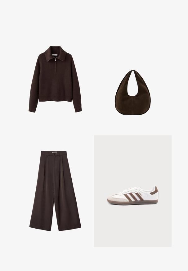 Pull-over marron côtelé avec col montant et fermeture à demi-zip. Présente une coupe décontractée et une texture douce.; Pantalon à jambes larges en tissu brun foncé, avec des plis, une fermeture par bouton, et une texture lisse ; longueur cheville avec une coupe ajustée.; Baskets Adidas Samba blanches avec des bandes en daim marron, semelle en caoutchouc marron et bout en daim beige, vues du côté extérieur sur un fond uni.; Sac à main en daim marron foncé en forme de croissant avec une seule sangle large et une texture lisse sur fond blanc.