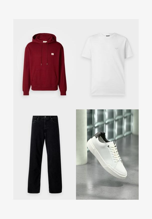 Burgunderfarbener Kapuzenhoodie aus weicher Baumwolle, mit einer Fronttasche, Kordelzügen und einem kleinen Logopatch, sowie gerippten Bündchen und Saum.; Weißes Baumwoll-T-Shirt mit kurzen Ärmeln, Rundhalsausschnitt und einem kleinen, dezenten grauen Textlogo auf der linken Brust.; Hollister Co. Baggy Jeans - washed black; Weißer Sneaker mit niedrigem Schaft, schwarzem, strukturiertem Fersenlaschen, weißen Schnürsenkeln und dicker Sohle auf einem polierten Betonboden in der Nähe von Glasbausteinen.