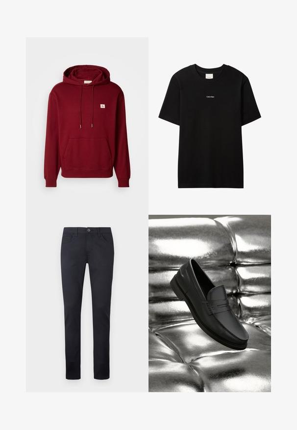 Burgunderfarbener Kapuzenhoodie aus weicher Baumwolle, mit einer Fronttasche, Kordelzügen und einem kleinen Logopatch, sowie gerippten Bündchen und Saum.; Schwarzes Baumwoll-T-Shirt mit Rundhalsausschnitt und kurzen Ärmeln. Auf der Vorderseite befindet sich ein kleines weißes "Calvin Klein"-Logo. Glatte, klassische Passform.; Schwarze Baumwolljeans mit schmaler Passform, mit Knopfverschluss, fünf Taschen und glatter Oberfläche. Keine auffälligen Muster oder Akzente.; Schwarze Lederloafers mit glatter Oberfläche, mit Ziernähte und klassischem Design, präsentiert vor einem metallischen, glänzenden Hintergrund.