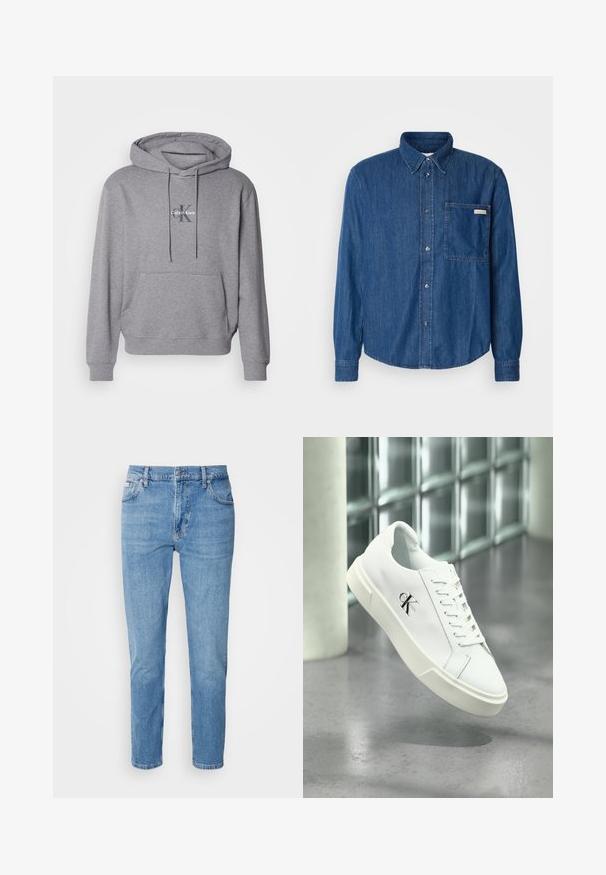 Sudadera gris de pullover hecha de una mezcla de algodón, con un bolsillo canguro, capucha con cordón y logo de Calvin Klein bordado en el pecho.; Camisa de mezclilla en azul oscuro con cierre de botones en la parte delantera, cuello, mangas largas y un bolsillo de parche en el lado izquierdo. Presenta una sutil etiqueta de logo.; Vaqueros de mezclilla azul claro con corte recto, diseño de cinco bolsillos y un sutil desgastado. Presentan un cierre de botón y pasadores para cinturón.; Zapatilla blanca Calvin Klein con cordones, mostrada flotando sobre un suelo de cemento pulido y un fondo de pared de bloques de vidrio.