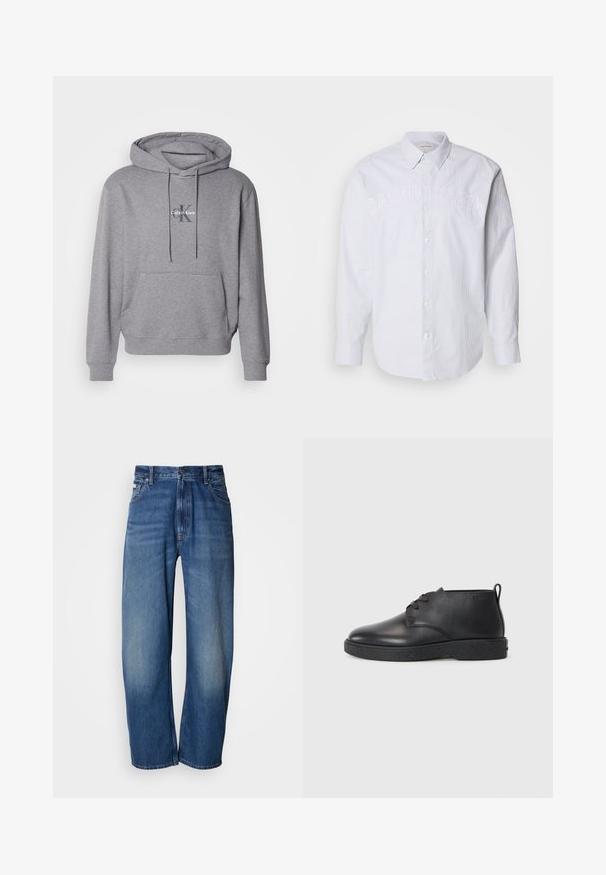 Sudadera gris de pullover hecha de una mezcla de algodón, con un bolsillo canguro, capucha con cordón y logo de Calvin Klein bordado en el pecho.; Camisa de lino de manga larga blanca con rayas verticales azules, que cuenta con un cierre de botones en la parte delantera y un logo en relieve "CALVIN KLEIN" en el pecho.; Jeans vaqueros de pierna ancha en un tono azul medio. Cuentan con cremallera, cinco bolsillos y un ligero desgaste para un aspecto usado. Detalle clásico de costuras.; Botas de tobillo de cuero negro con textura suave, punta redondeada y suela de goma negra. Cuentan con un diseño de cordones y un tirador en el talón para facilitar su uso.