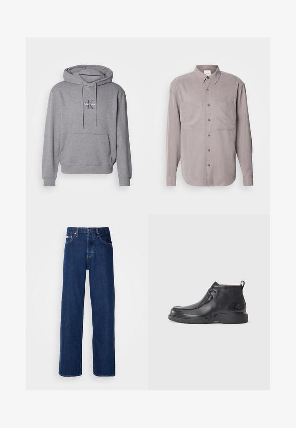 Sudadera gris de pullover hecha de una mezcla de algodón, con un bolsillo canguro, capucha con cordón y logo de Calvin Klein bordado en el pecho.; Camisa de manga larga abotonada en tejido gris apagado, con dos bolsillos en el pecho, un cuello clásico y cierres de botón en tono. ; Vaqueros de mezclilla azul oscuro con un diseño de pierna ancha, que presentan un cierre de botón y el clásico estilo de cinco bolsillos. La tela tiene una textura suave.; Botas de cuero negras hasta el tobillo con punta redondeada, diseño con cordones y una lengüeta en la parte trasera. Parte superior texturizada y suela de goma.