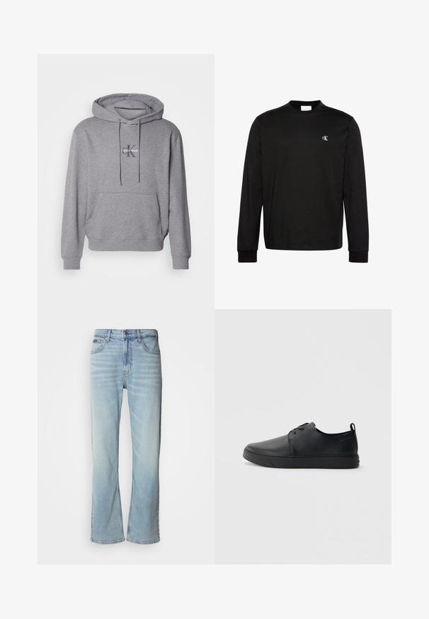 Grå pullover hoodie lavet af en bomuldsblanding, med en kengurulomme, snoretræk til huen, og broderet Calvin Klein logo på brystet.; Sort langærmet crewneck-shirt med lille hvidt "cK" logo på venstre bryst og ribstrikkede manchetter.; Lyseblå denimjeans med lige ben, der har fem lommer, knaplukning og en subtil falmning på stoffet.; Sorte lædersneakers med en glat finish, rund tå, tonalt syning, snøring foran og en flad gummisål. Løkke ved hælen.