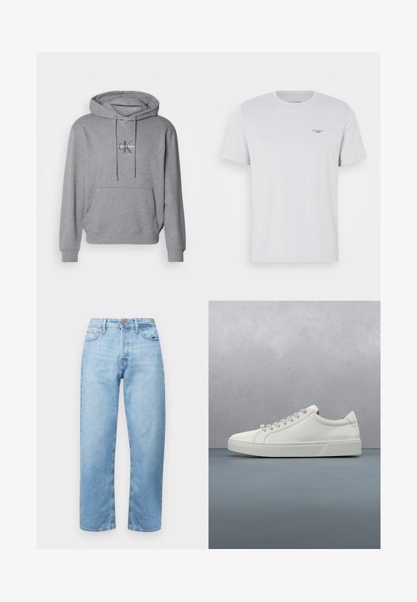 Grauer Pullover Hoodie aus Baumwollmischung, mit Kängurutasche, Kapuze mit Kordelzug und gesticktem Calvin Klein Logo auf der Brust.; Weißes Baumwoll-T-Shirt mit Rundhalsausschnitt, kurzen Ärmeln und kleinem schwarzem Logo auf der linken Brust. Glatte Textur und normale Passform.; Hellblaue Jeans aus Denim mit geradem Schnitt, Fünf-Taschen-Design und Knopfverschluss. Glatte Textur und minimale Ausbleichung mit gestickten Akzenten.; Weißes Leder-Sneaker mit abgerundetem Zehenbereich, minimalistisches Design, graue Schnürsenkel und einer strukturierten grauen Gummisohle. Dezente Nähte sichtbar.