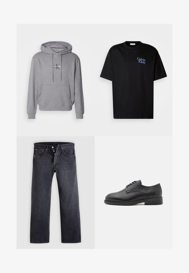 Hallhalli hall teine, mis on valmistatud puuvillasegistusest, funktsioneerib ees nagu kanguru tasku, kapuuts on nööriga reguleeritav ning rinnal on brodeeritud Calvin Kleini logo.; Must must T-särk, millel on mugav lõige, lühikesed varrukad ja sinine tikand "Calvin Klein" logo rinnaesisel.; Mustad teksapüksid sirge lõikega, viie taskuga ja vasevärviliste nööpidega. Sile tekstuur ja kerge pleekinud viimistlus.; Must be harja nahast Oxfordi kingad ümarate varvastega, millel on sile viimistlus, viie silmaga paelad ja madal laotud konts.