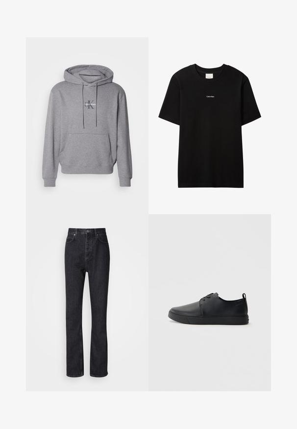Grauer Pullover Hoodie aus Baumwollmischung, mit Kängurutasche, Kapuze mit Kordelzug und gesticktem Calvin Klein Logo auf der Brust.; Schwarzes Baumwoll-T-Shirt mit Rundhalsausschnitt und kurzen Ärmeln. Auf der Vorderseite befindet sich ein kleines weißes "Calvin Klein"-Logo. Glatte, klassische Passform.; Hochtaillierte schwarze Jeans aus Denim mit Knopf- und Reißverschluss, Vorder- und Hintertaschen sowie einer geraden Passform.; Schwarze Leder-Sneaker mit glatter Oberfläche, abgerundeter Zehenpartie, gleichfarbiger Nähte, schnürbarem Vorderteil und flacher Gummisohle. Schlaufe an der Ferse.