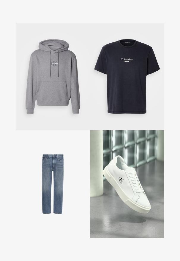 Grå pullover hoodie lavet af en bomuldsblanding, med en kengurulomme, snoretræk til huen, og broderet Calvin Klein logo på brystet.; Mørkeblå bomulds t-shirt med korte ærmer, rund halsudskæring og hvidt "Calvin Klein Jeans" logo trykt på brystet.; Blå straight-leg denim jeans med forlommer, bæltestropper og knaplukning.; Hvid Calvin Klein sneaker med snørebånd, vist svævende over en poleret betongulv og en baggrund af glasblokke.