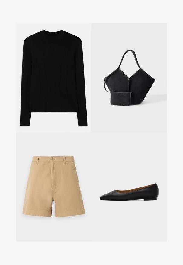 Suéter negro de manga larga con cuello redondo, hecho de una tela suave. Presenta costuras verticales para darle estructura y una marca texturizada en el cuello.; Pantalones cortos beige de algodón, con un diseño clásico que incluye un cierre frontal de botón y presillas para cinturón. Textura suave con bolsillos laterales.; Zapato plano de punta puntiaguda de cuero negro con tacón bajo y acabado liso, mostrado de perfil sobre un fondo gris claro.; Bolsa tote geométrica negra con un asa ancha única y un pequeño monedero con cremallera a juego adjunto, sobre un fondo claro y llano.
