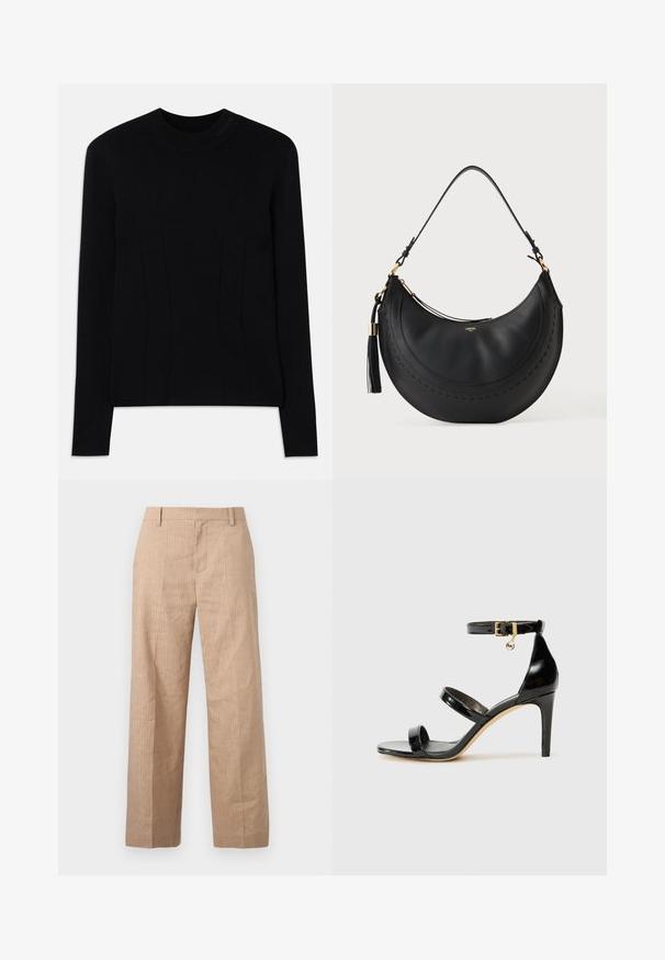 Pull noir à manches longues avec un col rond, fabriqué à partir d'un tissu lisse. Présente des coutures verticales pour la structure et un logo texturé sur le col.; Pantalon beige à jambes droites avec de fines rayures verticales, passants pour ceinture et fermeture éclair à l'avant, sur un fond uni.; Sandale en cuir verni noir avec trois brides, boucle de cheville et talon aiguille de 10 cm. Présente un détail en métal doré et un charm logo.; Sac à main en cuir noir en forme de croissant avec une bandoulière, une fermeture éclair dorée, un détail pompon et un design finement cousu.