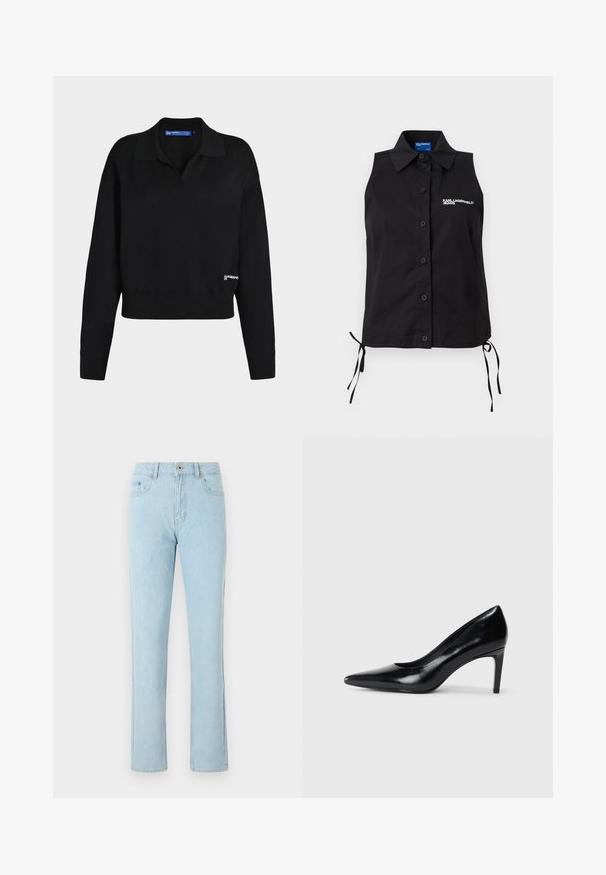 Pull en maille noir à manches longues avec col, poignets et ourlet côtelés, et petit logo blanc près du bas à droite.; Chemisier noir sans manches à boutons, avec col, liens sur les côtés et logo blanc "KARL LAGERFELD JEANS" sur la poitrine gauche.; Jean en denim bleu clair à jambes droites avec poches avant et arrière, fermeture par bouton et fermeture éclair, présenté sur fond blanc.; Chaussure à talon haut en cuir noir avec un bout pointu, texture lisse et un talon effilé. Design minimaliste, sans embellissements supplémentaires.