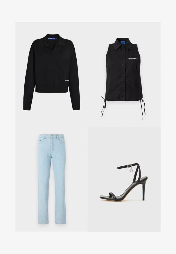 Pull en maille noir à manches longues avec col, poignets et ourlet côtelés, et petit logo blanc près du bas à droite.; Chemisier noir sans manches à boutons, avec col, liens sur les côtés et logo blanc "KARL LAGERFELD JEANS" sur la poitrine gauche.; Jean en denim bleu clair à jambes droites avec poches avant et arrière, fermeture par bouton et fermeture éclair, présenté sur fond blanc.; Sandale à talon haut noire avec une bride étroite à la cheville, bout carré, cuir lisse et accent de boucle métallique.