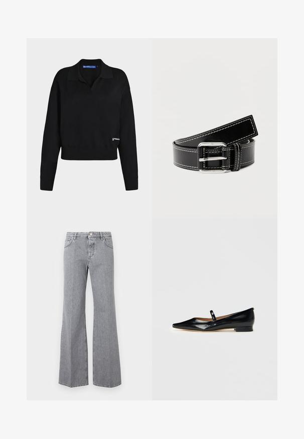 Pull en maille noir à manches longues avec col, poignets et ourlet côtelés, et petit logo blanc près du bas à droite.; Jean en denim gris taille haute avec bouton et fermeture éclair à l'avant, cinq poches et jambes évasées larges, présenté sur un fond uni.; Chaussure plate Mary Jane en cuir verni noir, à bout pointu, avec une seule sangle et un petit talon sur fond uni.; Ceinture en cuir noir avec surpiqûres blanches et boucle rectangulaire argentée, enroulée sur un fond clair uni.