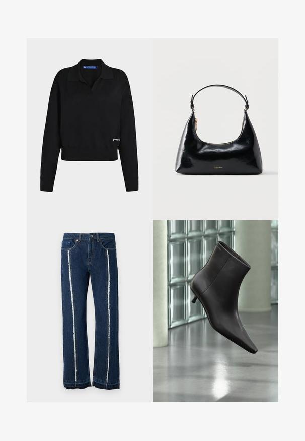 Pull en maille noir à manches longues avec col, poignets et ourlet côtelés, et petit logo blanc près du bas à droite.; Jean en denim bleu foncé avec une coupe droite, présentant des coutures latérales effilochées blanches et un design traditionnel à cinq poches.; Bottine en cuir noir avec bout pointu et petit talon, présentée devant un mur en blocs de verre et un sol poli.; Sac à main Calvin Klein noir brillant avec fermeture éclair dorée et anse courte sur fond blanc uni.