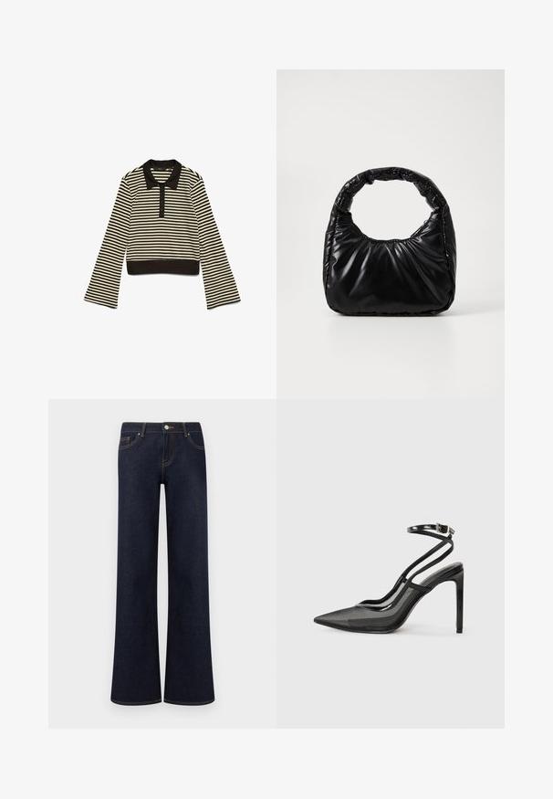 Camisa polo de manga larga a rayas horizontales negras y beige con un cuello negro y una fila de botones, extendida sobre un fondo blanco.; Jeans vaqueros de pierna ancha en azul oscuro, con bolsillos delanteros, cierre de botón y cremallera, y costuras contrastantes visibles.; Zapato de tacón alto negro con punta afilada, combinación de malla y piel brillante, correa en el tobillo con detalle de hebilla, silueta elegante.; Bolso negro acolchado con un asa redondeada, que presenta una superficie lisa y brillante y una textura suave y acolchada. Sin herrajes ni acentos visibles.