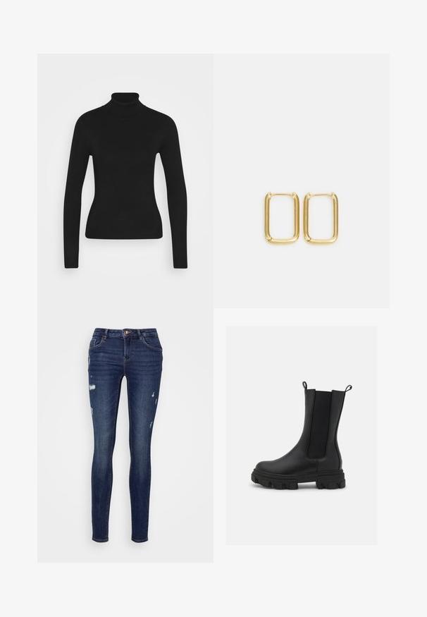 Mustmustik turtleneck sviiter pika varrukaga, valmistatud siledast kudumisest. Omab kitsast disaini ja soonikkoes kraed.; Kitsad teksad tume sinises denimis, millel on kulumisjäljed. Kõrge talje disain viie tasku ja nööbiribaga.; Mustad mustad Chelsea saapad, millel on nahast ja elastsetest kangast valmistatud ülaosa, silmapaistva mustriga paks kummitald ja tõmblauad mugavaks selga panemiseks.; Kuldse metallist rõngas kõrvarõngad, millel on nelinurkne kuju, siledad servad ja poleeritud pind, mis peegeldab valgust läikiva pinnaga.