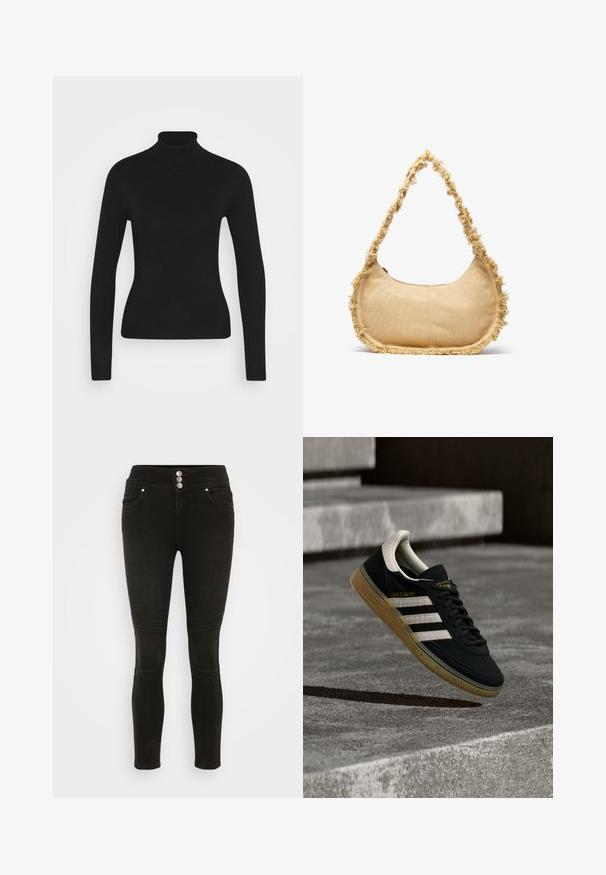 Sort turtleneck sweater med lange ærmer, lavet af et glat strikket stof. Har et tætsiddende design og en ribbet krave.; ONLY Petite ONLDAISY WIDE WAISTBAND - Jeans Skinny Fit - black denim; Sort ruskindssneaker med hvide striber og gyldent logo, med en tekstureret gummisål i karamel og en kontrasterende cremefarvet hæltab.; Struktureret beige taske med en rund form, frynset kant langs kanterne og en kort rem til at bære. Lynlåsåbning på toppen.
