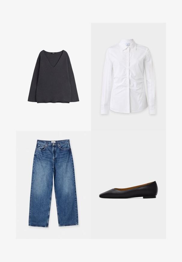 Sweatshirt gris foncé avec un décolleté en V profond, des manches longues et une coupe décontractée. Fabriqué en tissu doux avec une texture lisse et sans motifs visibles.; Chemise blanche à manches longues avec boutons et col, tissu légèrement froissé et étiquette de marque visible à l'intérieur du col.; Jean large bleu clair en denim, avec un design classique à cinq poches, des coutures visibles et une taille mi-haute.; Chaussure plate en cuir noir à bout pointu avec talon bas et finition lisse, vue de côté sur un fond gris clair.