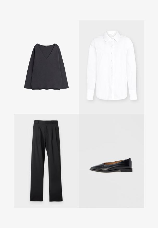 Sweatshirt gris foncé avec un décolleté en V profond, des manches longues et une coupe décontractée. Fabriqué en tissu doux avec une texture lisse et sans motifs visibles.; Chemise blanche à manches longues avec col pointu et poignets boutonnés sur fond gris clair.; Pantalon habillé noir avec passants de ceinture et plis, coupe droite, posé à plat sur un fond blanc.; Chaussure plate en cuir noir avec un bout pointu et un petit talon carré. Texture lisse, design minimaliste, sans éléments métalliques visibles ni motifs.