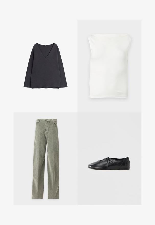 Sweatshirt gris foncé avec un décolleté en V profond, des manches longues et une coupe décontractée. Fabriqué en tissu doux avec une texture lisse et sans motifs visibles.; Top tube blanc ajusté sans bretelles avec un décolleté droit et un tissu lisse, présenté sur un fond clair.; Pantalon droit en velours côtelé vert avec bouton et fermeture éclair à l'avant, passants pour ceinture, poches latérales et arrière, présenté à plat sur un fond uni.; Chaussure plate en cuir noir avec un bout pointu, dotée d'un laçage à l'avant et d'une texture douce. Design discret, détails matériels minimaux.