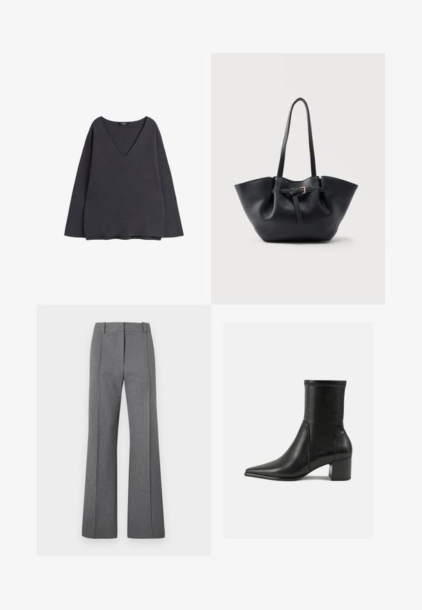 Sweatshirt gris foncé avec un décolleté en V profond, des manches longues et une coupe décontractée. Fabriqué en tissu doux avec une texture lisse et sans motifs visibles.; Pantalons évasés gris à rayures avec un devant plat, des passants de ceinture et une texture lisse. Design pleine longueur avec des détails de motif subtils.; Bottine noire en cuir lisse, avec un bout pointu, un talon carré et des coutures surélevées distinctes au bord supérieur.; Sac cabas en cuir noir avec longues poignées et une lanière avant ornée d'une petite boucle dorée, sur fond uni.