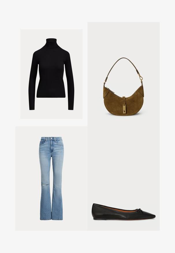 Pull noir ajusté à manches longues avec col roulé et texture côtelée, présenté sur un fond clair uni.; Jean évasé taille haute bleu clair avec poches avant, fermeture bouton et zip, et une petite déchirure au niveau du genou gauche.; Ballet flat en cuir noir avec un bout pointu, une silhouette élancée et un petit nœud à l'avant. Texture lisse et design minimal.; Sac à main en daim marron avec une forme courbée, quincaillerie dorée et fermeture éclair. Il dispose d'une courte sangle d'épaule ajustable.