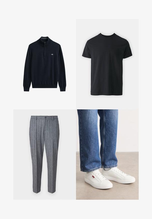 Marineblå sweater med høj krave og halv lynlås. Ribstrikkede manchetter og kant. Har en lille hvid logo på brystet. Blødt, strikket stof.; Sort bomulds t-shirt med kortærmer, rund halsudskæring og en afslappet pasform. Glat tekstur og lige kant, ingen synlige grafikker eller mønstre.; Grå uld-blandingsbukser med et pinstribet mønster, der har en knaplukning, lige pasform og ankel-længde design.; Hvide sneakers med en glat overflade, rund tå og flad sål. Accompaneret af blå denim jeans med en lige pasform og synlige sømme.