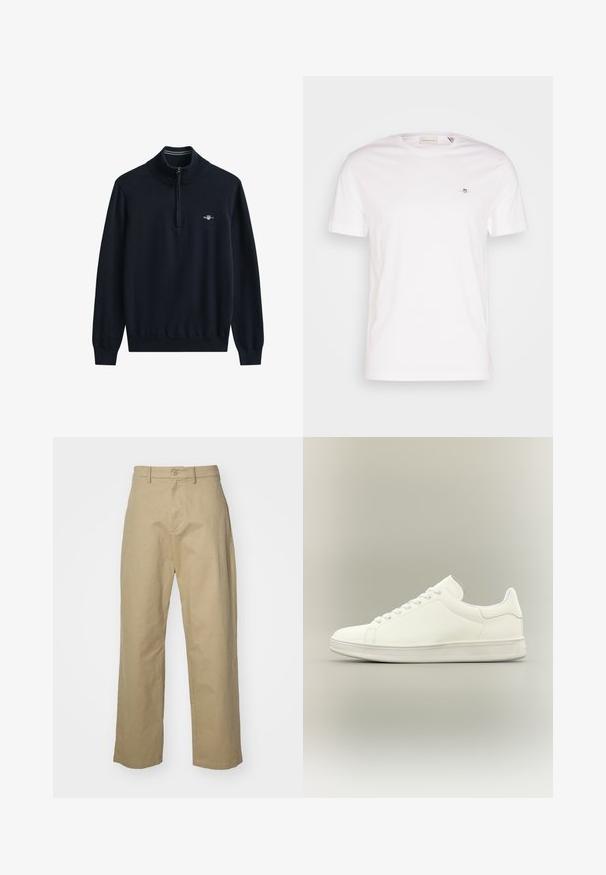 Marineblauwe trui met hoge kraag en halve rits. Geribbelde manchetten en zoom. Heeft een klein wit logo op de borst. Zachte, gebreide stof.; Witte katoenen T-shirt met een ronde hals, korte mouwen en een klein geborduurd logo op de borst. Zachte structuur, eenvoudig ontwerp.; Beige katoenen broek met een rechte pijp, voorzien van een voorknop en ritssluiting, en twee zijzakken. Gladde textuur.; Minimalistische witte laag uitgesneden sneaker met veters, gladleren bovenwerk en een gestructureerde rubberen zool, weergegeven op een neutrale achtergrond.