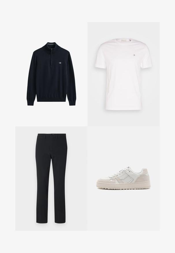 Marineblå sweater med høj krave og halv lynlås. Ribstrikkede manchetter og kant. Har en lille hvid logo på brystet. Blødt, strikket stof.; Hvid bomulds T-shirt med rund udskæring, korte ærmer og et lille broderet logo på brystet. Blød tekstur, enkelt design.; Sort, lige ben bukser lavet af glat stof. Har en frontknaplukning, bæltestropper og to sidelommer.; Hvide sneakers med ruskind og lædermaterialer, kontrasterende teksturer, perforerede detaljer og et chunky, rillet såldesign.
