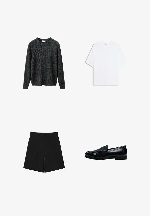 Pull gris foncé côtelé avec manches longues, col rond et coupe décontractée. Fabriqué en tissu texturé. Aucun accessoire visible ni motif.; T-shirt oversize en coton blanc avec un col rond et des manches courtes ; texture lisse, sans motifs ni accents visibles.; Short noir sur mesure avec passants de ceinture, plis devant et poches latérales, posé à plat sur un fond blanc.; Mocassin penny loafer pour homme en cuir noir avec bout moc cousu et petit talon, présenté de profil sur fond blanc.