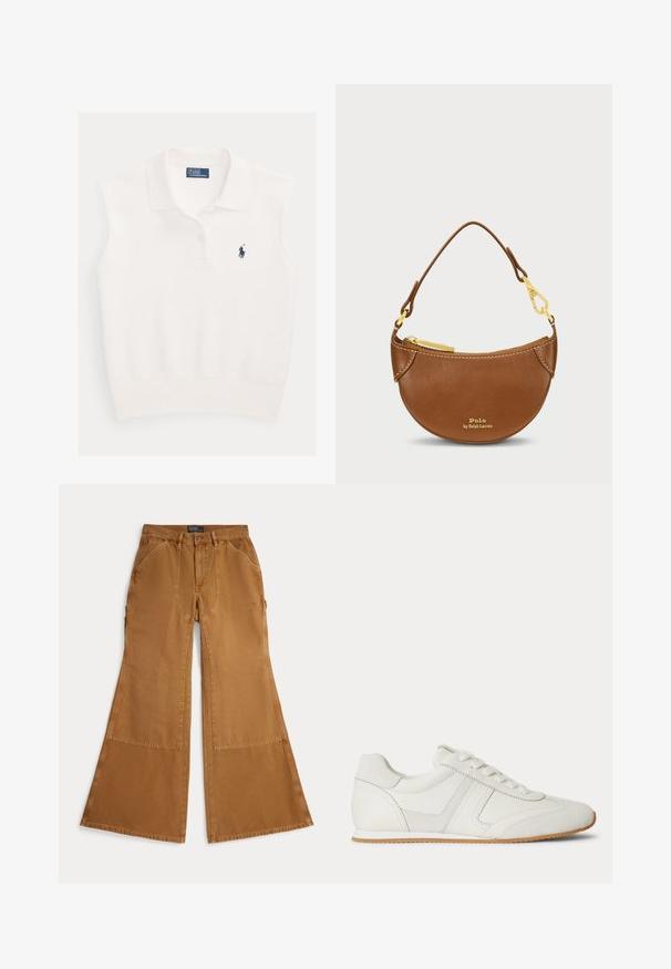Biele tielkové polo s golierom, dvoma gombíkmi a tmavomodrým logom hráča polo Ralph Lauren na ľavej strane hrudníka.; Hnedé bavlnené nohavice s širokými nohavicami, zdobené nášivkami, zapínanie na gombík a šikmé vrecká vpredu. Hladká textúra, ležérny dizajn.; Biela nízka teniska so šnurovaním vpredu, zsemišovými a koženými panelmi a svetlohnedou gumovou podrážkou na bielom pozadí.; Hnedá kožená taška s zakriveným tvarom a zlatými kovovými prvkami. Obsahuje horný zips a embosované logo na prednej strane. Súčasťou je krátka rúčka.