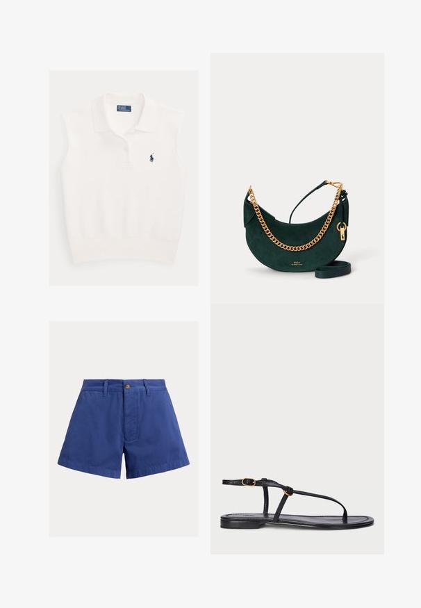 Valge varrukateta polosärk kraega, kahe nööbi ja tumesinise Ralph Laureni polomängija logoga vasakul rinnal.; Sinised kõrge vöökohaga puuvillased lühikesed püksid, millel on ees nööpidega kinnis, vööaasad ja küljetaskud ühevärvilise tausta ees.; Must have musta sandaalid minimalistlikus disainis. Omab õhukesi rihmasid, varbapost, kuldseid detaili rõhuasetusi ja sileda, tekstuuriga tallat.; Tumeroheline seemisnahast poolkuu käekott kuldse kettaga rihma, nahast õlarihma ja väikese kuldse Polo by Ralph Lauren logoga.