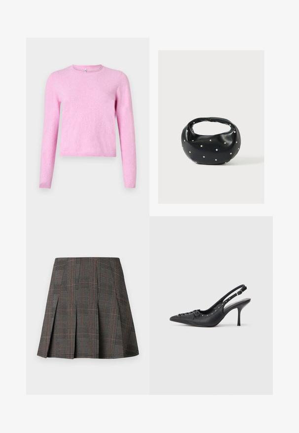 Pull rose à manches longues en maille douce et légère. Comprend un col rond et un ourlet côtelé. Design simple sans motifs ni ornements.; Jupe à carreaux gris avec des plis, ornée de motifs complexes en noir et blanc, accentuée par de fines lignes rouges. Fabriquée dans un tissu structuré.; Escarpin en cuir noir à talon aiguille avec un bout pointu, une bride latérale à boucle, des clous le long du bord et un laçage décoratif à l'avant.; Sac à main en cuir noir de forme arrondie, décoré de clous argentés et équipé d'une poignée courte. Texture lisse et fermeture éclair.