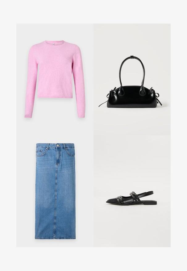 Pull rose à manches longues en maille douce et légère. Comprend un col rond et un ourlet côtelé. Design simple sans motifs ni ornements.; Jupe midi en denim bleu clair, avec une silhouette droite, une couture frontale, et une taille standard avec cinq passants de ceinture et une fermeture à bouton en métal.; Even&Odd by Zalando Ballerines à brides arrière - black; Petit sac à main noir brillant avec deux longues anses et des détails à cordon sur les côtés sur un fond clair uni.