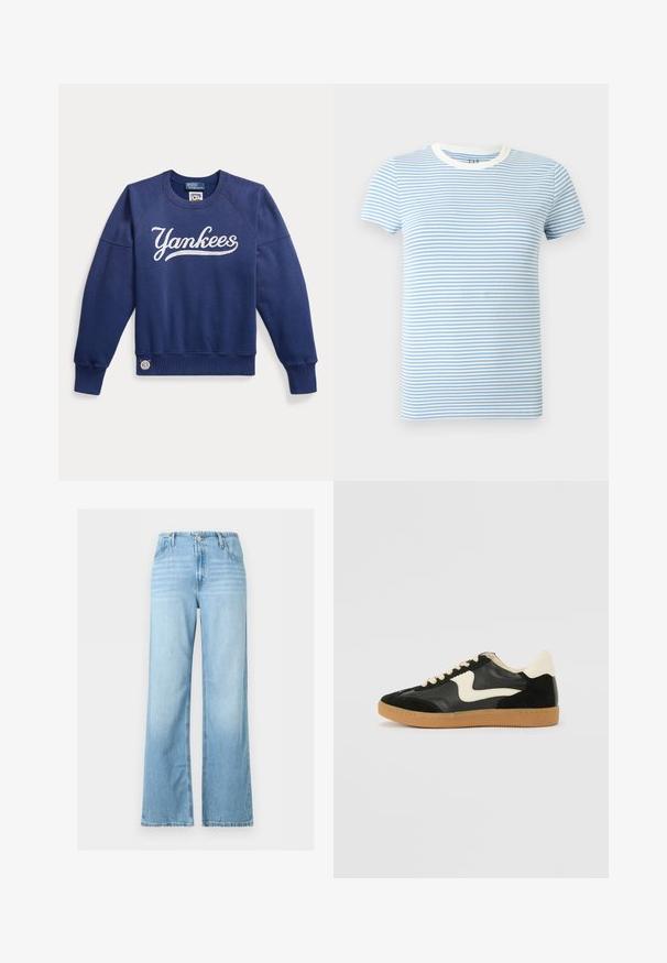 Sweat-shirt bleu marine à manches longues avec "Yankees" écrit en lettres blanches sur la poitrine et un petit écusson Polo Ralph Lauren près de l'ourlet.; T-shirt à manches courtes avec des rayures horizontales bleu clair et blanc, et un col ras du cou blanc.; Jean denim bleu clair à jambes larges avec bouton et fermeture éclair à l'avant, passants pour ceinture, et design cinq poches.; Baskets en daim et cuir noir avec un swoosh latéral crème et un talon crème clair. Dotées de lacets beige et d'une semelle en caoutchouc gomme.