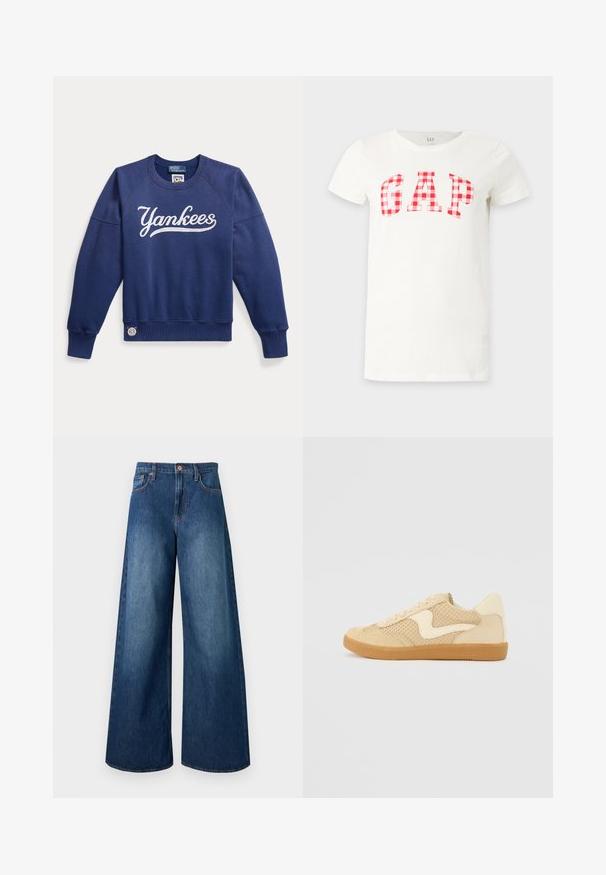 Sweat-shirt bleu marine à manches longues avec "Yankees" écrit en lettres blanches sur la poitrine et un petit écusson Polo Ralph Lauren près de l'ourlet.; T-shirt blanc à manches courtes avec un motif à carreaux rouges et blancs formant le mot GAP sur la poitrine.; Jean en denim bleu foncé taille haute, jambes larges, cinq poches, passants pour ceinture et fermeture par bouton en cuivre.; Sneaker beige avec des matériaux en daim et en maille, forme arrondie, col rembourré proéminent et semelle en caoutchouc gomme. Présente un accent de design en forme de vague.