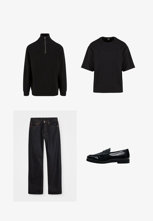 Pull à col roulé noir à côtes avec fermeture éclair mi-hauteur, manches longues et coupe décontractée. Tissu tricoté texturé avec une couleur unie.; Urban Classics SCUBA TEE - T-shirt basique - black; Jean en denim noir pour hommes, coupe droite, avec cinq poches et surpiqûres orange, fermeture par bouton et zip à la taille avant.; Mocassin penny loafer pour homme en cuir noir avec bout moc cousu et petit talon, présenté de profil sur fond blanc.