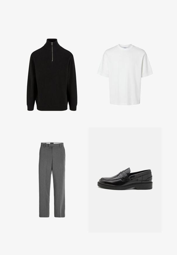 Sort ribbestrikket turtleneck sweater med halv lynlås, lange ærmer og en afslappet pasform. Tekstureret strikstof i ensfarvet.; Enkel hvid t-shirt med korte ærmer, rund hals og løs pasform vist på hvid baggrund.; Grå bukser med en glat tekstur, lige ben-design og subtilt lodret mønster. Har remsløjfer samt for- og baglommer.; Sorte læder loafers med en glat finish, rund tå, lav hæl og dekorativ syning langs forsiden. Gummisål for godt greb.
