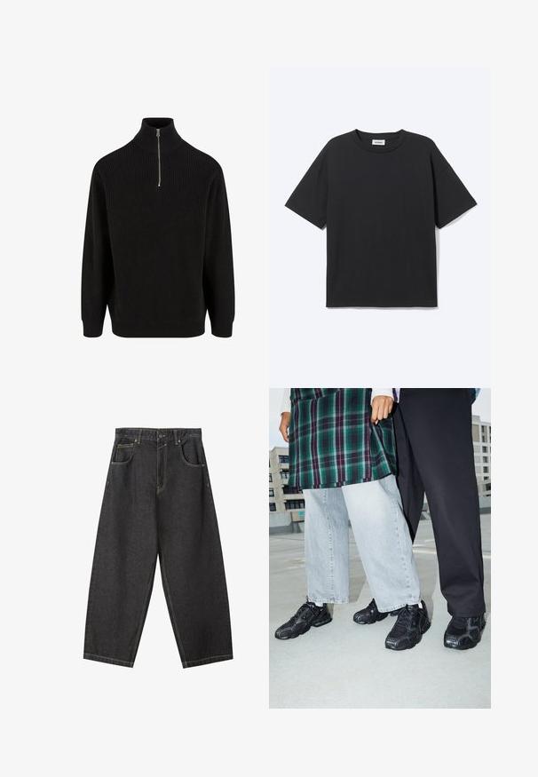 Zwarte geribbelde coltrui met een halve ritssluiting, lange mouwen en een ontspannen pasvorm. Geweven stof met textuur en een effen kleur.; Zwart T-shirt met korte mouwen en ronde hals met een ontspannen pasvorm, vooraanzicht, effen ontwerp en zichtbaar Weekday-merklabel binnenin de kraag.; Zwarte denim wijde pijpen broek met gele stiksels, vijf zakken ontwerp en een medium tailleband. Textuurstof met een gladde afwerking.; Zwarte sportieve schoenen met mesh- en rubberaccenten. Draagt een lichtgrijze wijde spijkerbroek en een groen geruit shirt. Effen achtergrond.