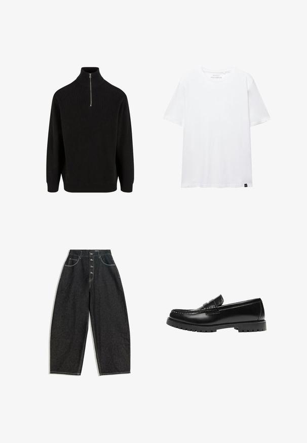 Zwarte geribbelde coltrui met een halve ritssluiting, lange mouwen en een ontspannen pasvorm. Geweven stof met textuur en een effen kleur.; Witte T-shirt met korte mouwen, regular fit, ronde hals en klein zwart stoffen label aan de onderzoom.; Zwarte denim wijde broek met een hoge taille, sluiting met vijf knopen, twee voorzakken en contrasterende witte stiksel details.; Zwarte leren loafer met een dikke rubberen zool en klassieke penny-strap details, gezien vanaf de buitenkant.
