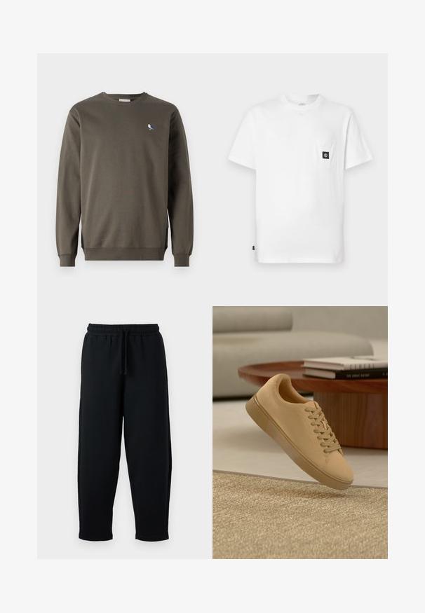 Sweatshirt gris à col rond en coton, avec une petite broderie d'oiseau bleu et blanc sur la poitrine gauche et des poignets côtelés.; T-shirt en coton blanc avec encolure ronde, manches courtes et une poche poitrine ornée d'un patch logo noir. Texture lisse, coupe décontractée.; Pantalons de survêtement noirs avec une taille élastique et un cordon de serrage. Fabriqués en tissu doux, ils présentent une coupe décontractée et un design de jambe fuselée.; Baskets beiges à lacets flottant au-dessus d'un tapis texturé avec une table basse en bois et des livres empilés en arrière-plan flou.