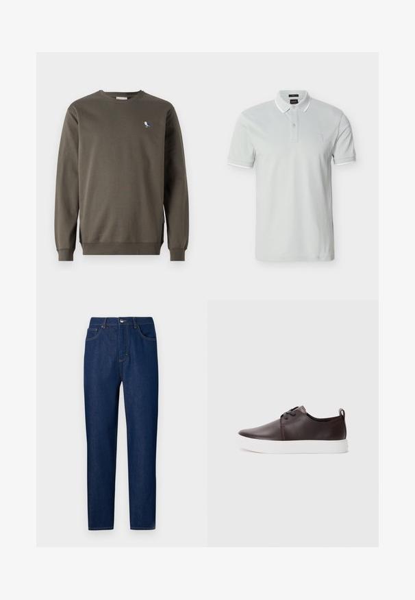 Sweatshirt gris à col rond en coton, avec une petite broderie d'oiseau bleu et blanc sur la poitrine gauche et des poignets côtelés.; Polo gris clair en coton, avec un col classique, une patte à deux boutons, et des accents blancs sur les manches. Logo brodé sur la poitrine.; Les Benjamins Jean droit - rinse wash; Baskets en cuir marron avec une finition lisse, semelle en caoutchouc blanche, bout rond et design à lacets. Comprend une languette au niveau du talon.