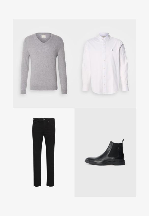 Grå uld V-hals sweater med lange ærmer, forsynet med et lille broderet logo på brystet samt ribbede manchetter og kant.; Hvid skjorte med knappelukning lavet af bomuld, med klassisk krave, lange ærmer og et lille CK-logo på venstre bryst. Glat tekstur.; Sorte slim-fit jeans med knap foran, bæltestropper og synlige forlommer, vist på hvid baggrund.; Sorte læder Chelsea støvler med elastiske sidepaneler, en pull-tab og en flad gummisål. Glat tekstur med minimal detaljer.