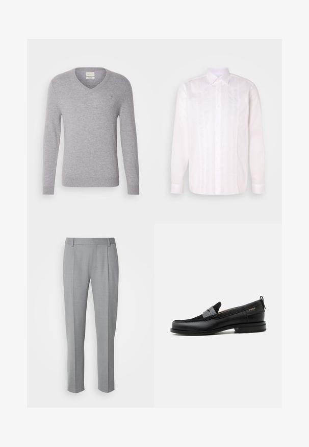 Suéter de lana gris con cuello en V y mangas largas, que presenta un pequeño logo bordado en el pecho y puños y dobladillo acanalados.; Camisa blanca de manga larga con cuello clásico, que presenta detalles de pliegues verticales y cierre de botones en la parte delantera.; Pantalones grises a medida con una textura suave, que cuentan con un frente plano, piernas rectas y pliegues sutiles para un detalle adicional.; Mocasín de cuero negro con detalle de tira gris, tacón bajo y suela texturizada, con la marca "HUGO" en oro en el lateral.