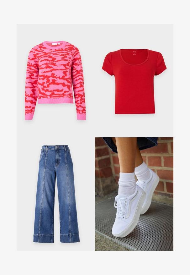 Pull rose avec un motif abstrait rouge, col rond, manches longues et ourlet côtelé. Confectionné en tissu tricoté doux.; T-shirt rouge à manches courtes en tissu doux, avec un col rond et une coupe ajustée aux bords nets.; Jean en denim bleu à taille haute et jambes larges, avec une fermeture à bouton, des poches avant et des coutures visibles le long des coutures latérales.; Baskets en toile blanches avec semelles en caoutchouc, dotées de six œillets, d'un bout rond et de détails de couture légers, portées avec des chaussettes blanches mi-mollet.