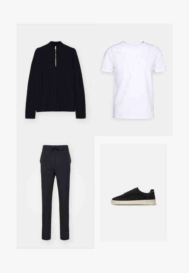 Sort langærmet top lavet af et blødt materiale, med en høj mock-neck og en halv lynlås foran, med en afslappet pasform.; Hvid kortærmet t-shirt i bomuldsstof med rund halsudskæring. Enkel design uden mønstre eller detaljer. Glat tekstur.; Sorte, tætsiddende bukser lavet af et blødt stof. Har en elastisk talje med snore og sidelommer med en glat overflade.; Sort ruskind lav-sneaker med sorte snørebånd og hvid gummisål, sidevisning på ensartet lys grå baggrund.
