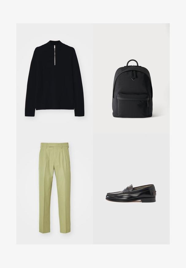 Sort langærmet top lavet af et blødt materiale, med en høj mock-neck og en halv lynlås foran, med en afslappet pasform.; Bukser i lysegrøn, lavet af blødt stof, med høj talje, dobbelte folder og lige ben med en skræddersyet finish.; Sorte læderloafers med moccasin-design, der har en dekorativ bånd og syningsdetaljer på overdelen. Lav blokhæl.; Sort rygsæk med en frontlomme med lynlås, dobbelt lynlås til hovedrummet og et lille metal-logo under hovedlynlåsene.