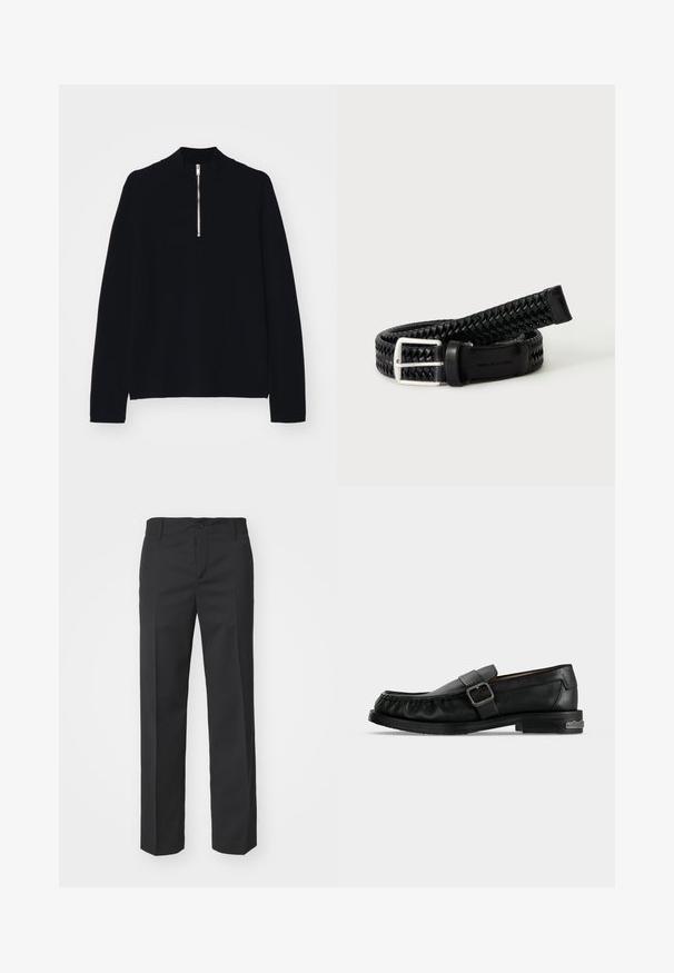 Sort langærmet top lavet af et blødt materiale, med en høj mock-neck og en halv lynlås foran, med en afslappet pasform.; Filippa K TROY TROUSERS - Bukser - black; Sort læderloafer med spænde, syningsdetaljer omkring tåen og en lav hæl med metalaccent.; Sort flettet læderbælte med sølvspænde, snoet på en hvid overflade.