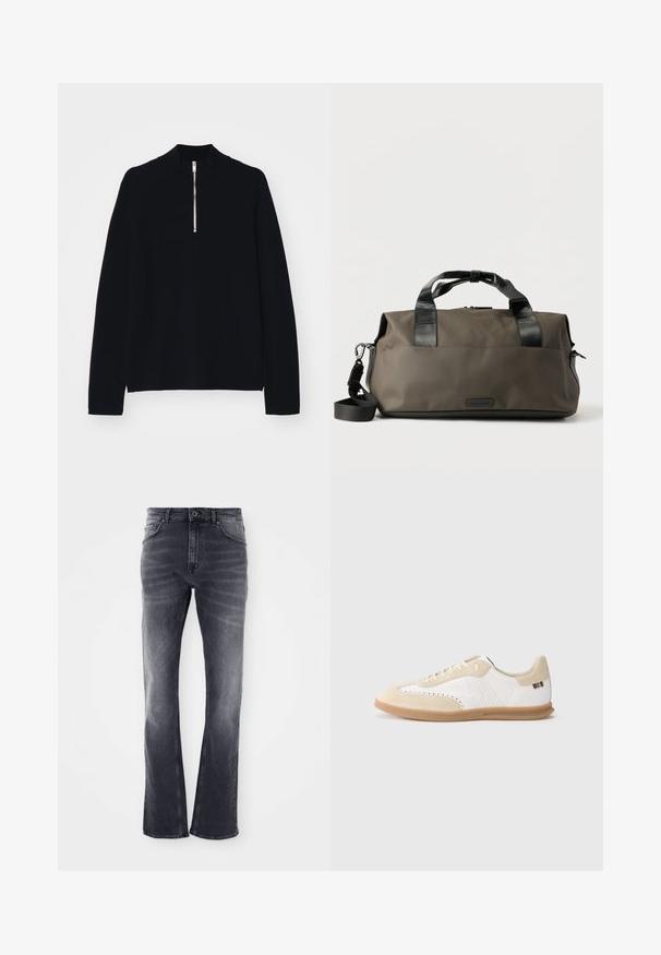 Sort langærmet top lavet af et blødt materiale, med en høj mock-neck og en halv lynlås foran, med en afslappet pasform.; Grå denim jeans med en udvidet ben-design, der har en let falmet finish, fem lommer og en frontknaplukning.; Hvid sneaker med lysebeige ruskindsdetaljer, perforeret detaljering, flade snørebånd og sål i gummigummi. Indeholder stribet branding på hælen.; Mørke olivengrøn duffeltaske med sorte læderhåndtag og aftagelig skulderrem på hvid baggrund.
